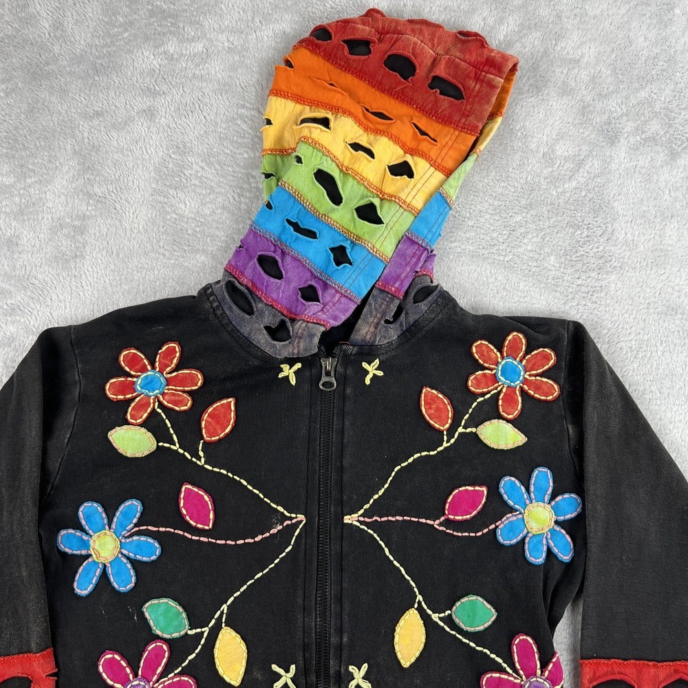 Nepal Rainbow Patchwork Cut Out Hoodie Jacket M Black Women Boho Hippie Cotton - Picture 3 of 11